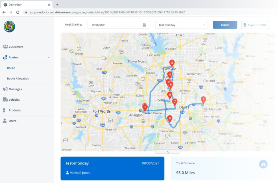 example of the DeliverEasy routes screen